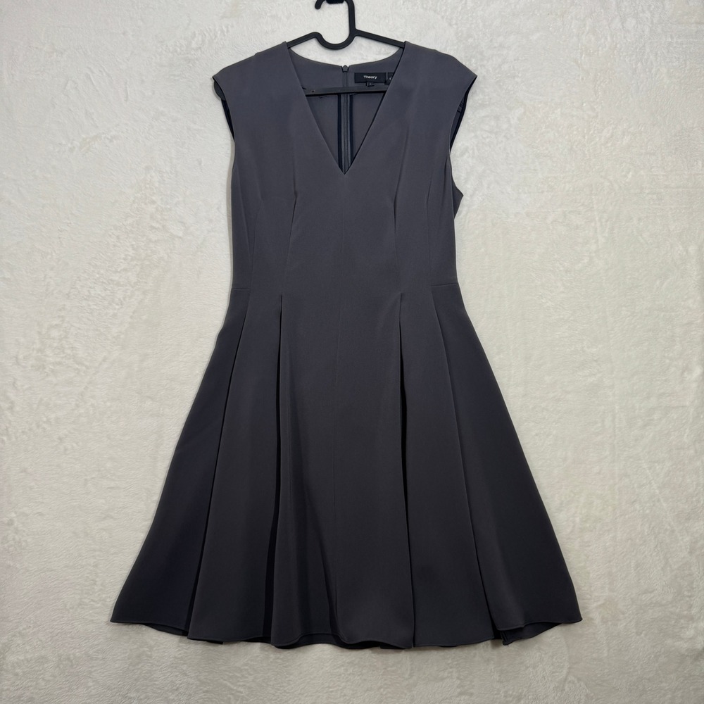 Theory Dress Womens 2 Grey Pleated Cap Dr-Classic Crepe V-Neck Fit & Flare